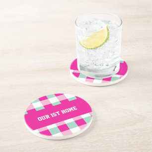 Gingham Pattern Our 1st Home Coaster