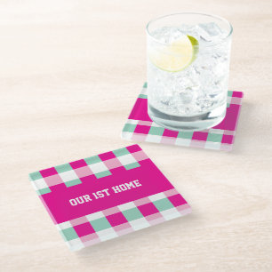 Gingham Pattern Our 1st Home Glass Coaster