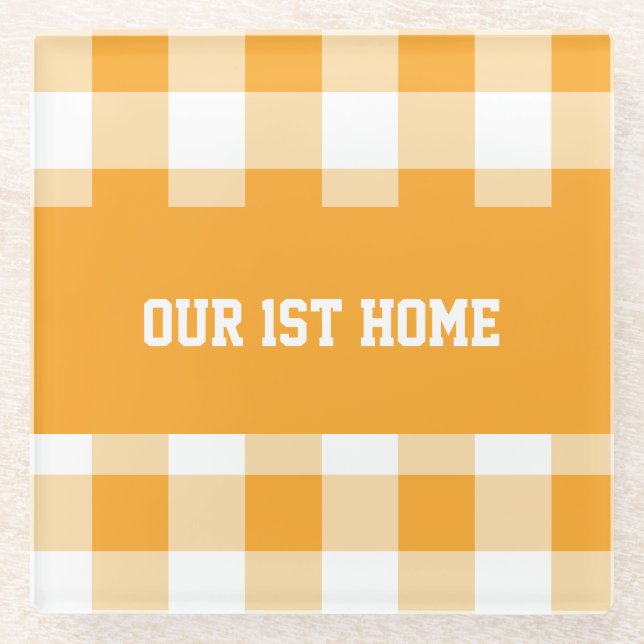 Gingham Pattern Our 1st Home Glass Coaster (Front)