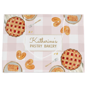 Gingham Pattern Watercolor Pastries Baking Bakery  Large Gift Bag