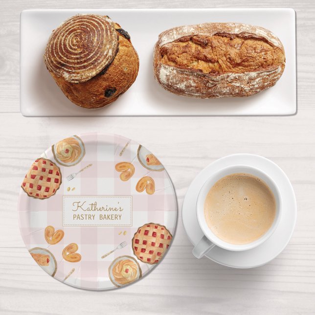 Gingham Pattern Watercolor Pastries Baking Bakery Paper Plate (In situ)