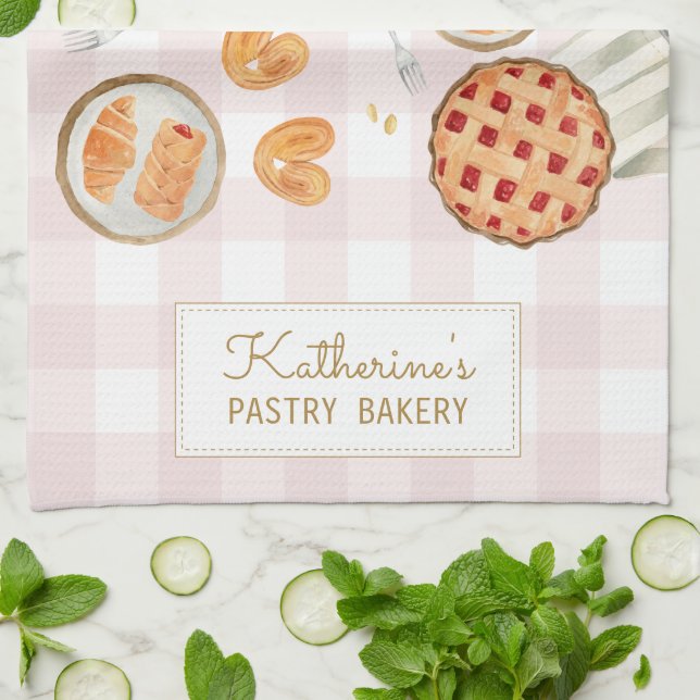 Gingham Pattern Watercolor Pastries Baking Bakery Tea Towel (Folded)