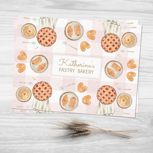 Gingham Pattern Watercolor Pastries Baking Bakery Tissue Paper (Close up)