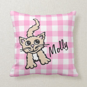 Gingham patterned cat pink & white throw pillow