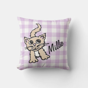 Gingham patterned cat purple & white throw pillow