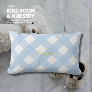 Gingham Personalised Blue Lumbar Pillow Cushion