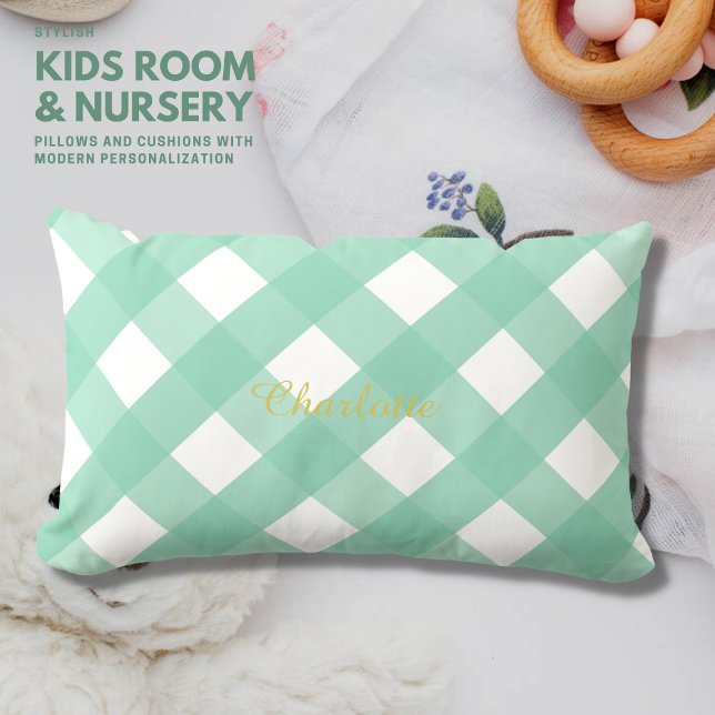 Gingham Personalised Green Lumbar Pillow Cushion (Creator Uploaded)
