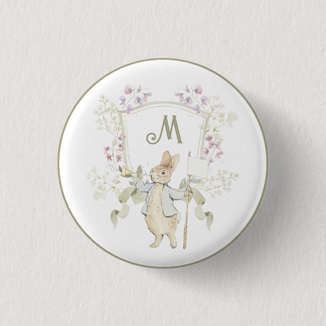 Gingham Peter the Rabbit Blue Monogram Baby Shower 3 Cm Round Badge (Front)