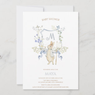 Gingham Peter the Rabbit Blue Monogram Baby Shower Invitation