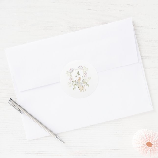 Gingham Peter the Rabbit Monogram Baby Shower Classic Round Sticker (Envelope)