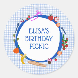 Gingham Picnic Modern Cute CUSTOM BIRTHDAY PARTY Classic Round Sticker