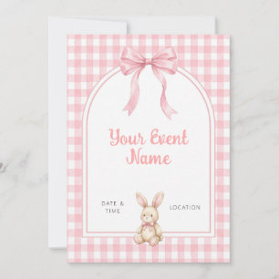 Gingham Pink Arch Bow Bunny Invitation