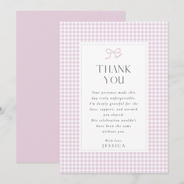 Gingham Pink Bow Baby Girl  Thank You Card (Front/Back)