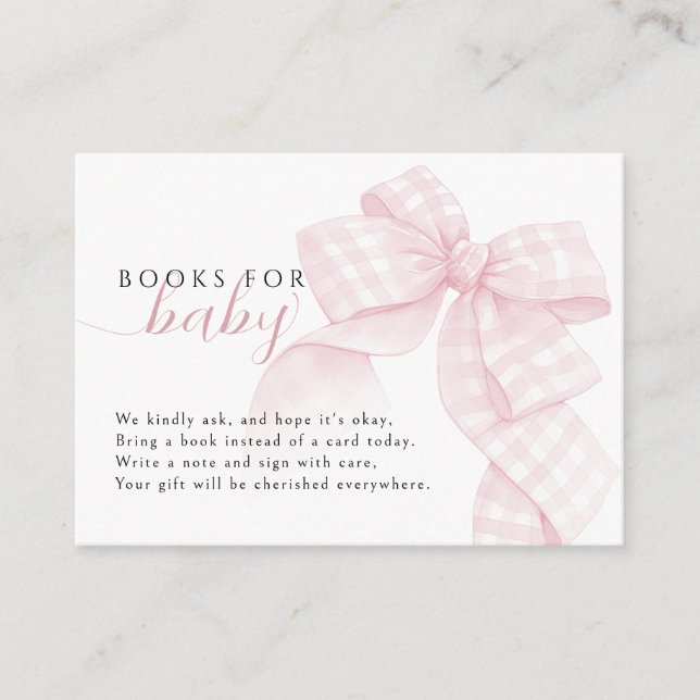 Gingham Pink Bow Baby Shower Books for Baby Enclosure Card (Front)