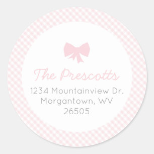 Gingham pink bow baby shower classic round sticker