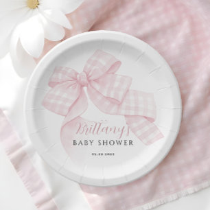 Gingham Pink Bow Baby Shower Paper Plate