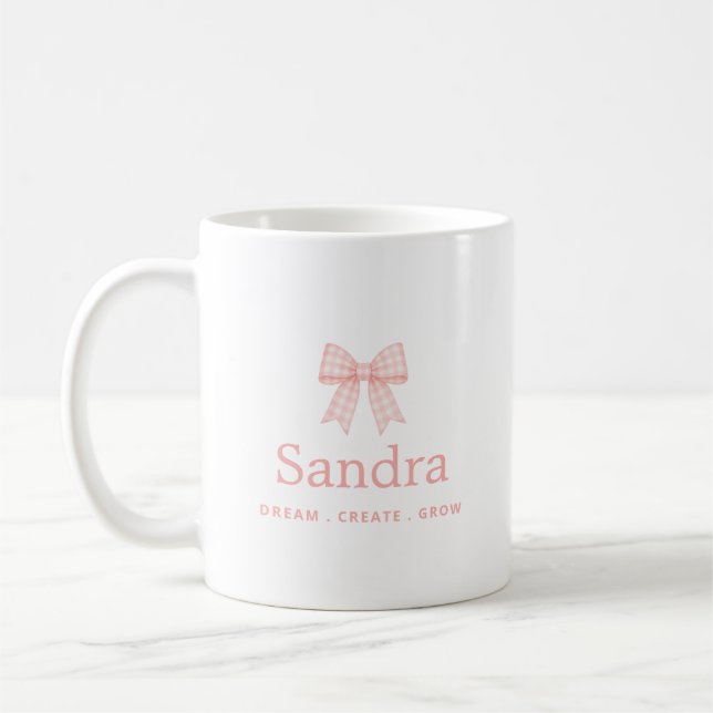 Gingham Pink Bow Name Positive Quote Coffee Mug (Left)