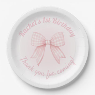 gingham pink bow thank you for coming paper plate
