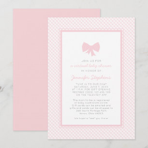 Gingham pink bow  virtual baby shower invitation