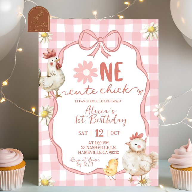 Gingham Pink Daisy One Cute Chick 1st Birthday Invitation (Creator Uploaded)