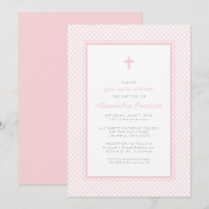 Gingham pink girl baptism invitation