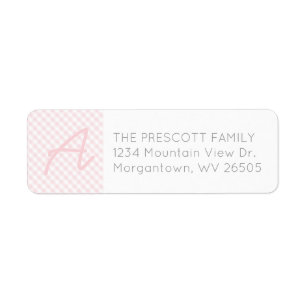 Gingham pink initial baby shower return address label
