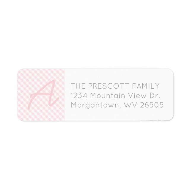 Gingham pink initial baby shower return address label (Front)