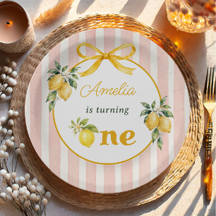 Gingham Pink Lemon Themed 1st Birthday Paper Plate