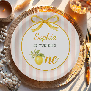 Gingham Pink Lemon Themed 1st Birthday Paper Plate