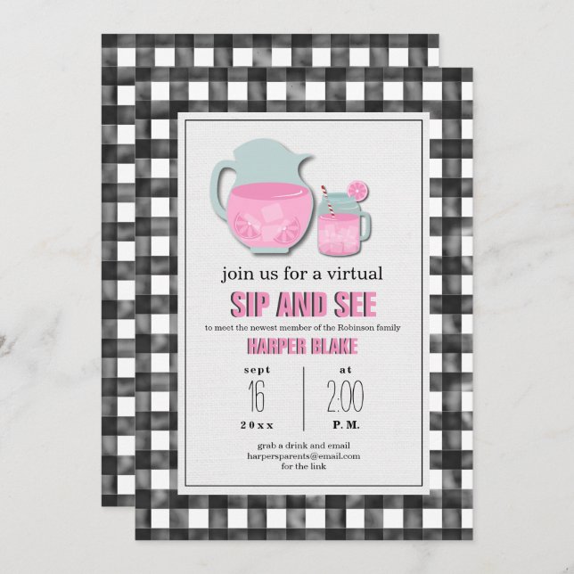 Gingham Pink Lemonade Virtual Sip & See Baby Invitation (Front/Back)