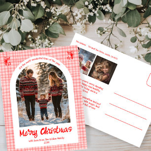 Gingham Pink Red Christmas Custom Arch 3 Photo  Holiday Postcard