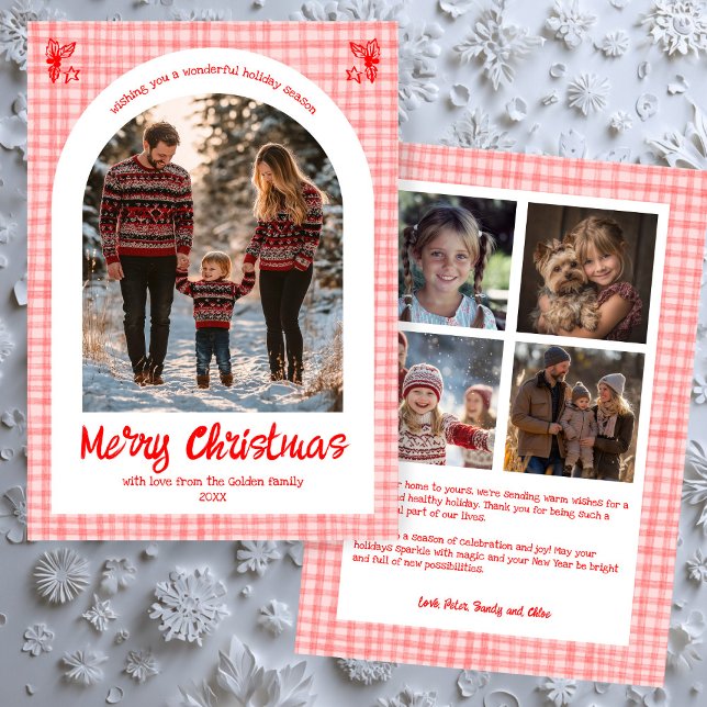 Gingham Pink Red Christmas Custom Arch 5 Photo  Holiday Card (Gingham Pink Red Christmas Custom Arch 5 Photo Holiday Card
)
