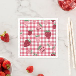 Gingham Pink & Red Strawberry Berry  Napkin