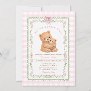 Gingham Pink We can bearly wait Bear Baby Shower Invitation
