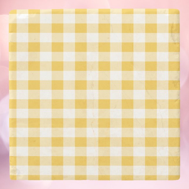 Gingham Plaid Yellow and White Pattern Stone Coaster (A coaster with a yellow and white gingham pattern.)