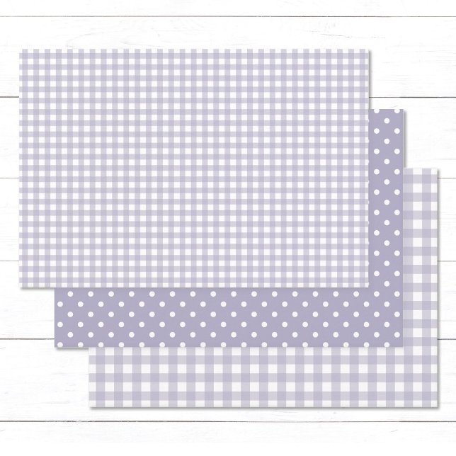 Gingham Polka Dots Pastel Lavender Mix and Match Wrapping Paper Sheet (Elegant lavender gingham checks and white polka dots wrapping paper sheets.)