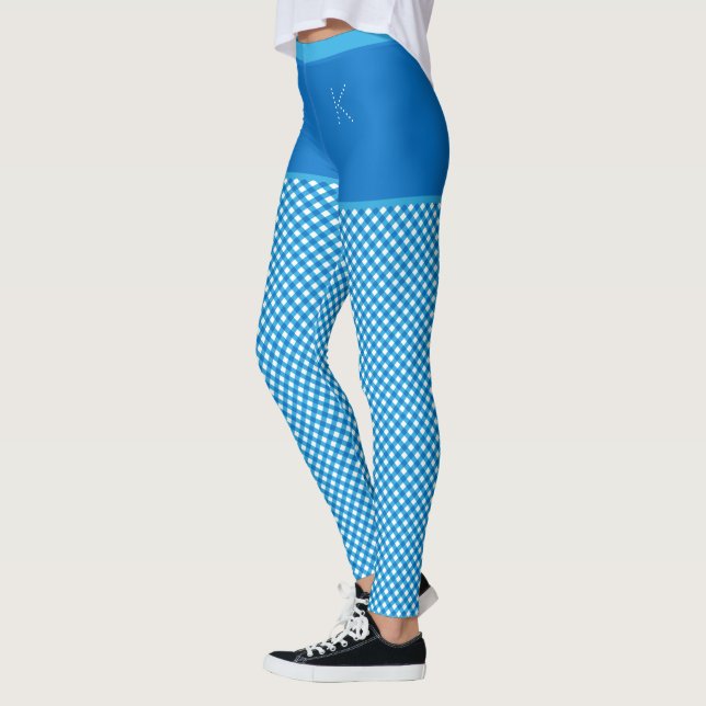 Gingham Print Blue White Monogram Personalised Leggings (Left)