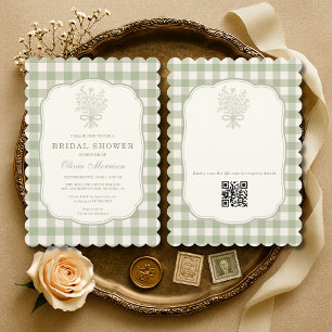 Gingham QR Code Sage Green Floral Bridal Shower Invitation