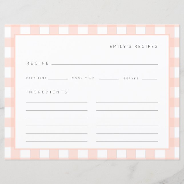Gingham Recipes Blush Pink Check Cute Recipe Card (Front)
