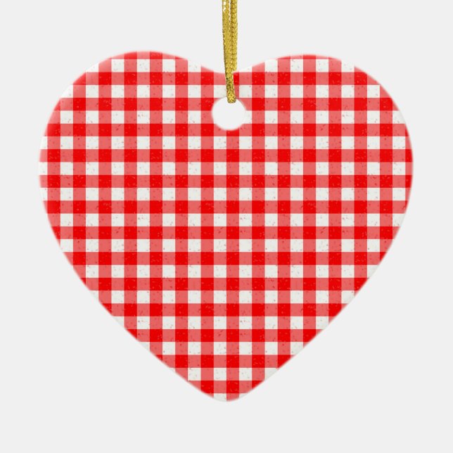Gingham Red and White Pattern Heart Ornament (Front)