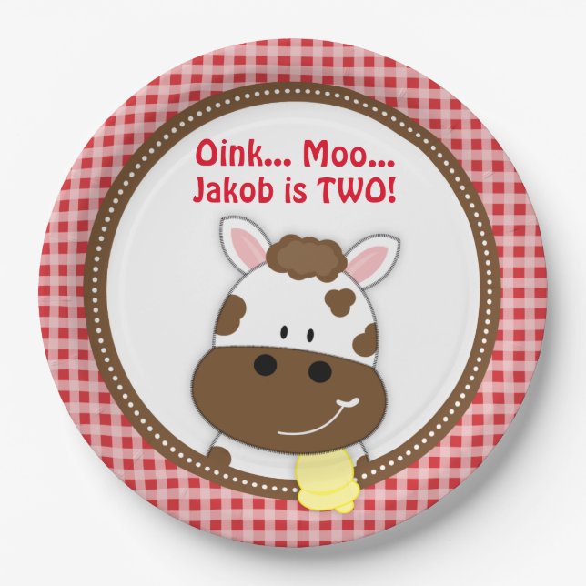 Gingham Red Barnyard Birthday Plates, Farm Cow Paper Plate (Front)