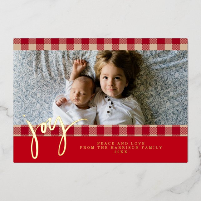 Gingham Rustic Farmhouse Red Beige Christmas Photo Foil Holiday Card (Front)