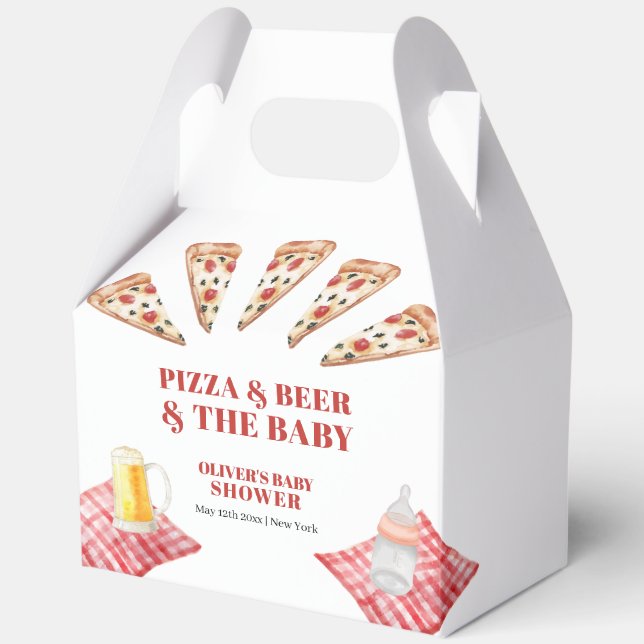 Gingham Rustic Modern Pizza Beers Baby Shower Favour Box (Front)