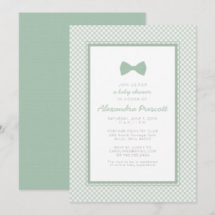 Gingham sage green bow tie baby shower invitation