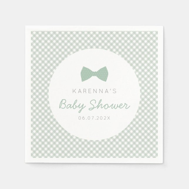 Gingham sage green bow tie baby shower napkin (Front)