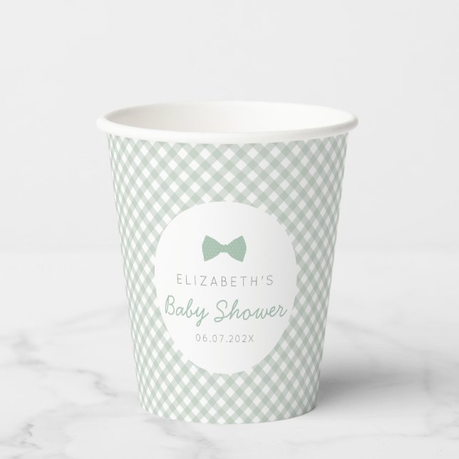Gingham sage green bow tie cute baby shower paper cups (Front)