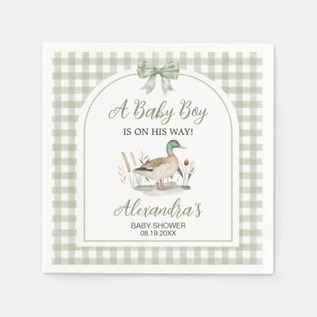 Gingham Sage Green Mallard Duck Baby Shower Napkin (Front)