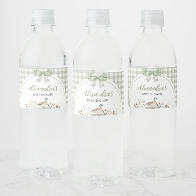 Gingham Sage Green Mallard Duck Baby Shower  Water Bottle Label (Bottles)
