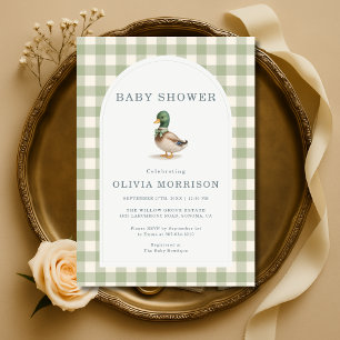 Gingham Sage Green Mallard Duck Bow Baby Shower Invitation