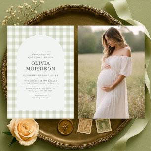 Gingham Sage Green Photo Baby Shower Invitation